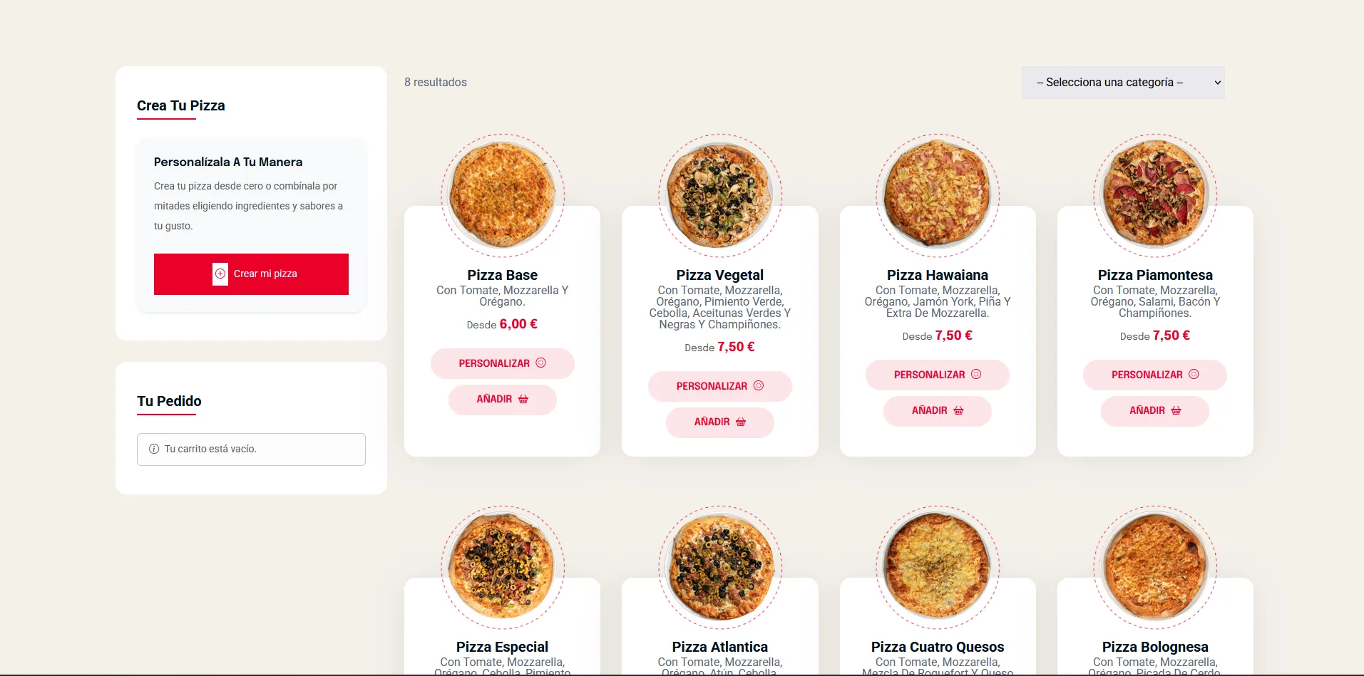 Captura del proyecto Tienda para pizzeria online